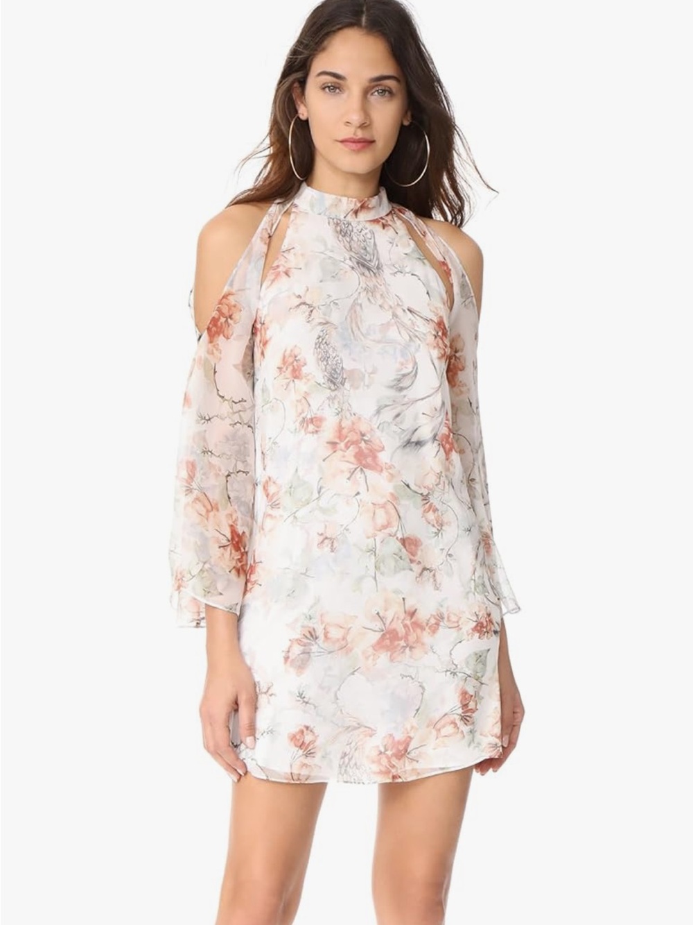 Haute Hippie Paradise Cream Floral Cold Shoulder High Neck Silk Mini Dress Small
